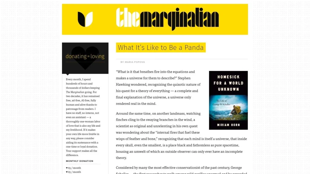 The Marginalian blog article page featuring science, philosophy, and literature content with a featured essay and book recommendation.
