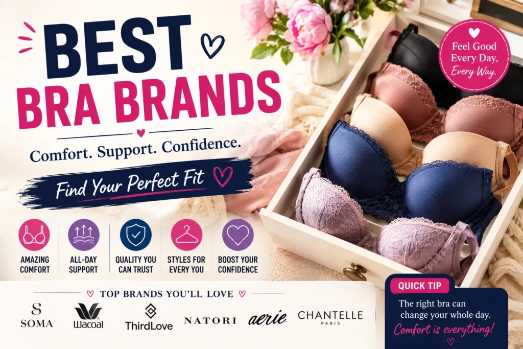 Collection of colorful bras in a drawer with comfort, support, and fit guide highlighting top bra brands.