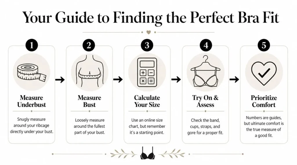 Best Bra Brands of 2026: A Guide to Your Perfect Fit Bra fitting guide showing five steps: measure underbust, measure bust, calculate size, try on bras, and prioritize comfort.