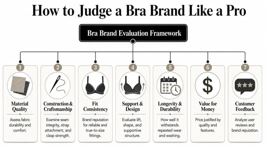 Best Bra Brands of 2026: A Guide to Your Perfect Fit Bra brand evaluation framework showing seven factors: materials, craftsmanship, fit, support, durability, value, and reviews.