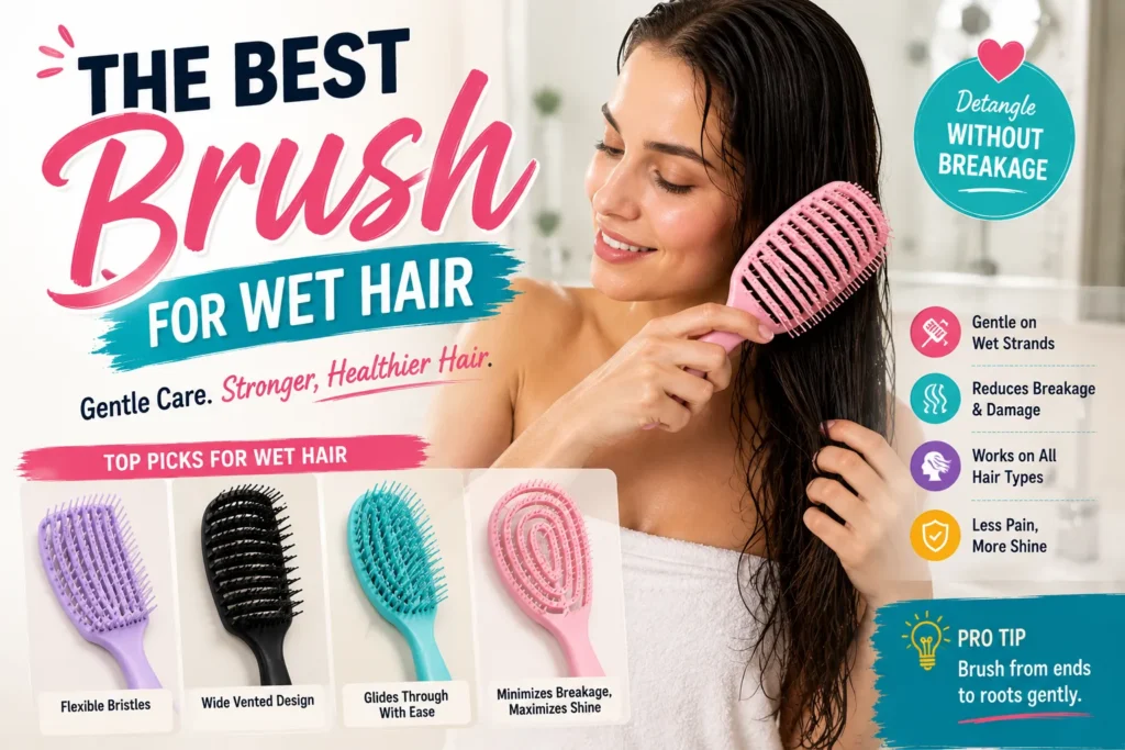 The Best Brush for Wet Hair to Prevent Breakage in 2026 Woman brushing wet hair with a detangling brush, highlighting gentle care, reduced breakage, and healthy shine.