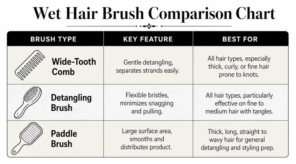 The Best Brush for Wet Hair to Prevent Breakage in 2026 Wet hair brush comparison chart showing wide-tooth comb, detangling brush, and paddle brush benefits by hair type.