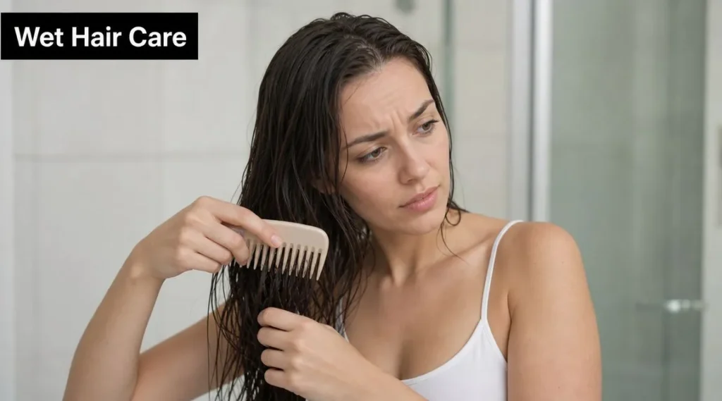 The Best Brush for Wet Hair to Prevent Breakage in 2026 Woman gently detangling wet hair with a wide-tooth comb in a bathroom, demonstrating proper wet hair care.