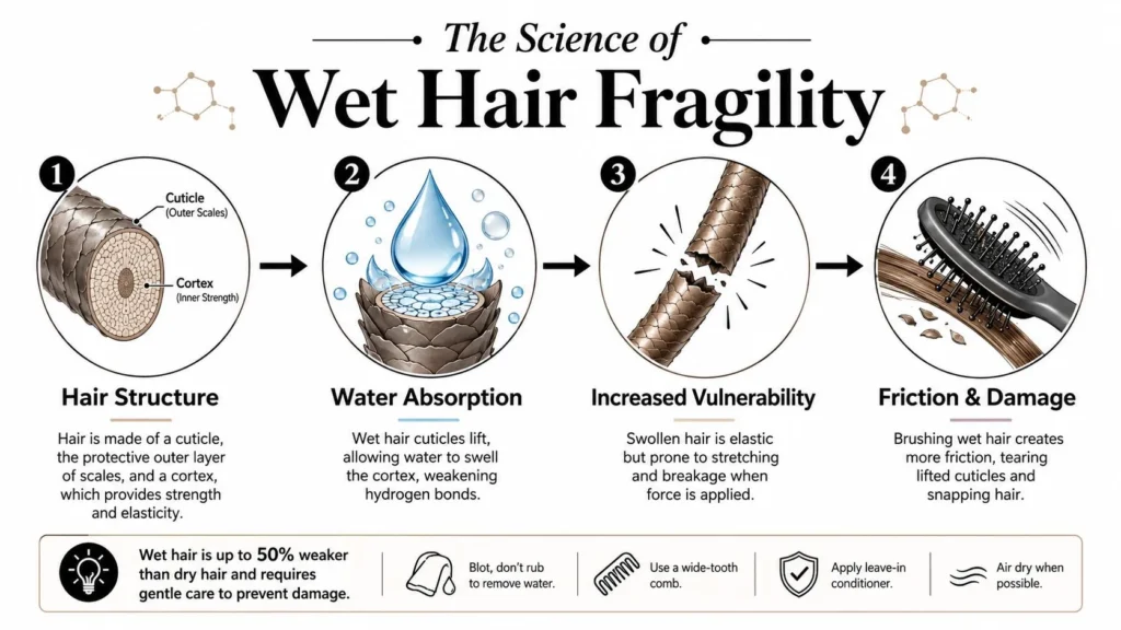The Best Brush for Wet Hair to Prevent Breakage in 2026 Infographic explaining wet hair fragility, showing water absorption, weakened strands, breakage risk, and brushing damage.