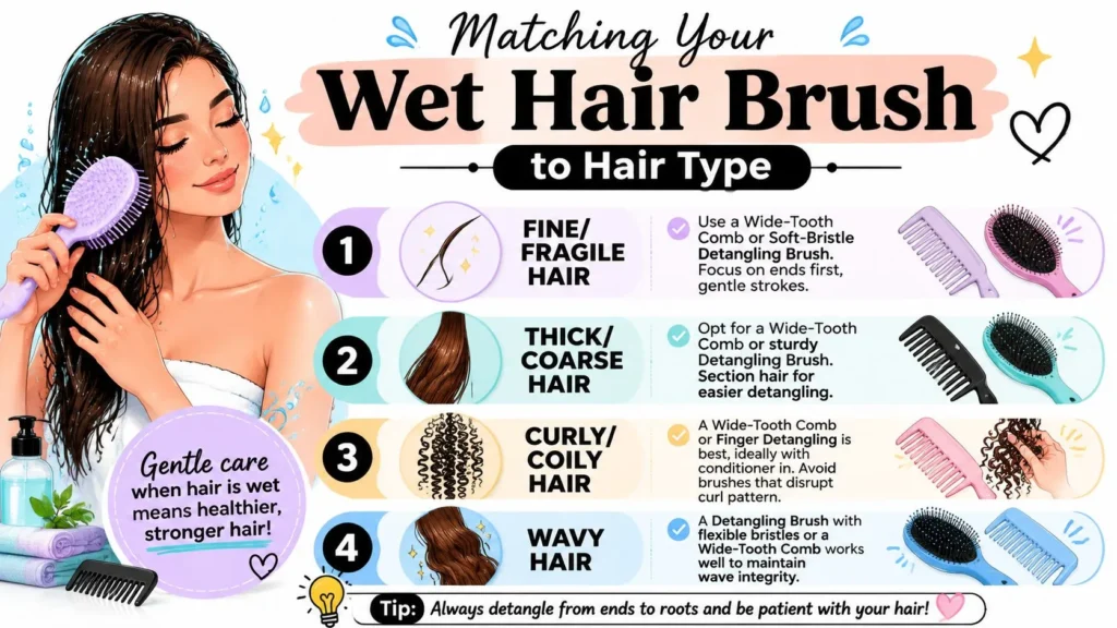 The Best Brush for Wet Hair to Prevent Breakage in 2026 Infographic matching wet hair brush types to fine, thick, curly, and wavy hair for gentle detangling and care.