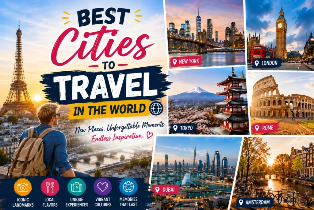 Blond traveler overlooking Paris with collage of world cities including Tokyo, London, Rome, Dubai, and Amsterdam.