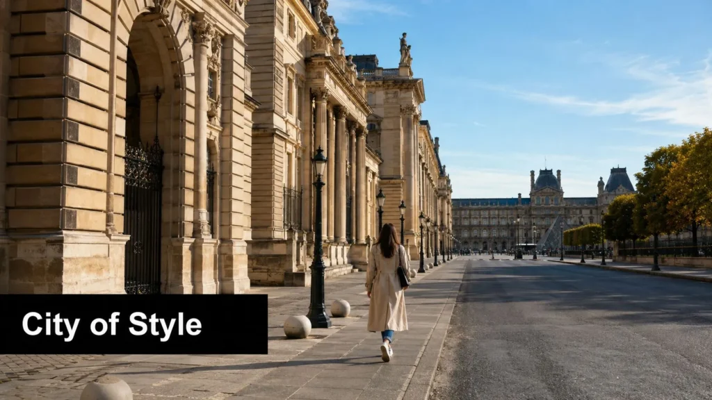 The 10 Best Cities to Travel in the World for 2026 Person walking past elegant historic Paris architecture near the Louvre on a quiet street under a clear blue sky.