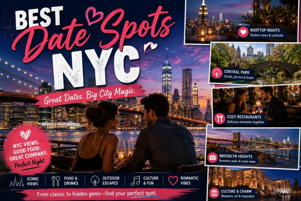 Romantic NYC date night scene with skyline views, rooftop dining, Central Park, and iconic city attractions.
