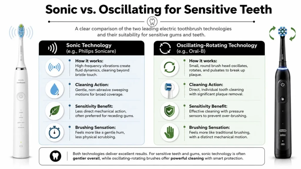 Comparison infographic of sonic and oscillating electric toothbrushes for sensitive teeth and gum care.
