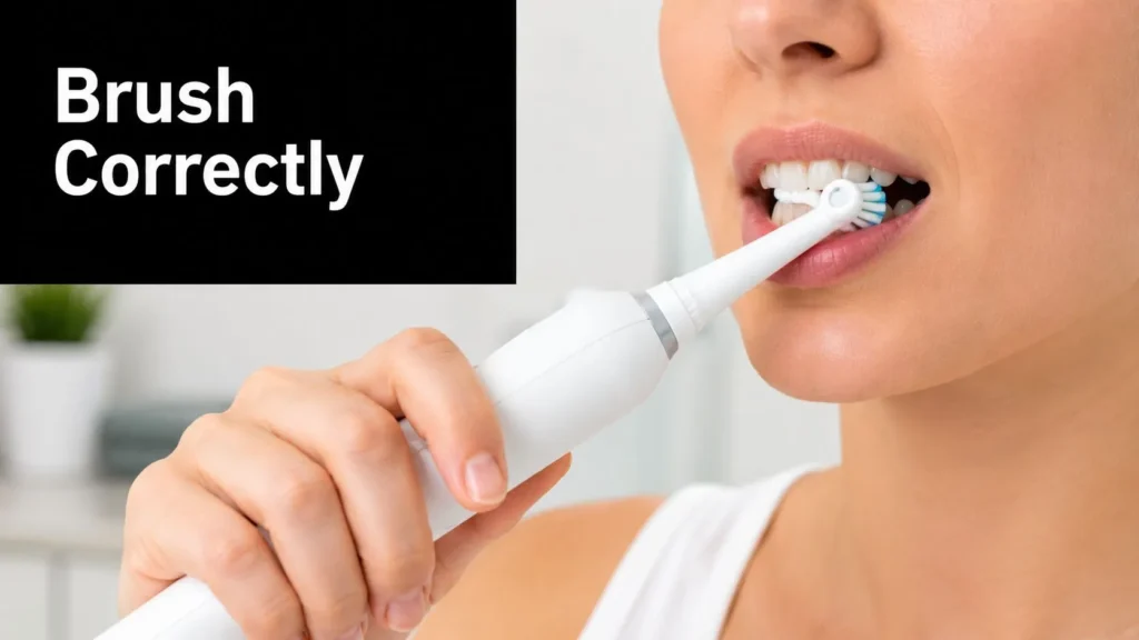 Person brushing teeth with an electric toothbrush, demonstrating proper brushing technique for oral care.
