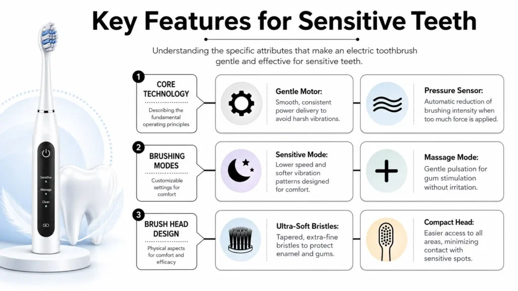 Infographic outlining electric toothbrush features for sensitive teeth, including soft bristles, pressure sensors, and gentle modes.