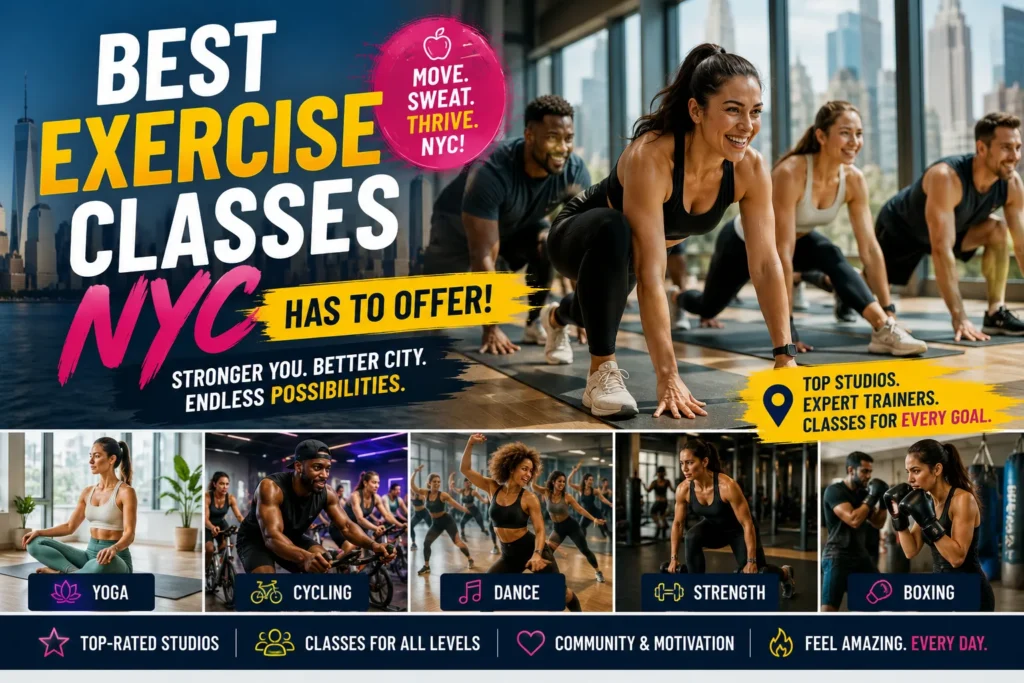Group fitness class in NYC with yoga, cycling, dance, strength training, and boxing in a bright modern studio.