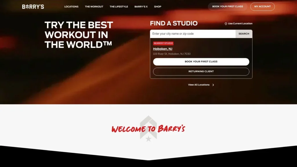 The 7 Best Exercise Classes NYC Has to Offer in 2026 Barry’s Fitness homepage with studio locator, class booking options, and promotional workout banner.