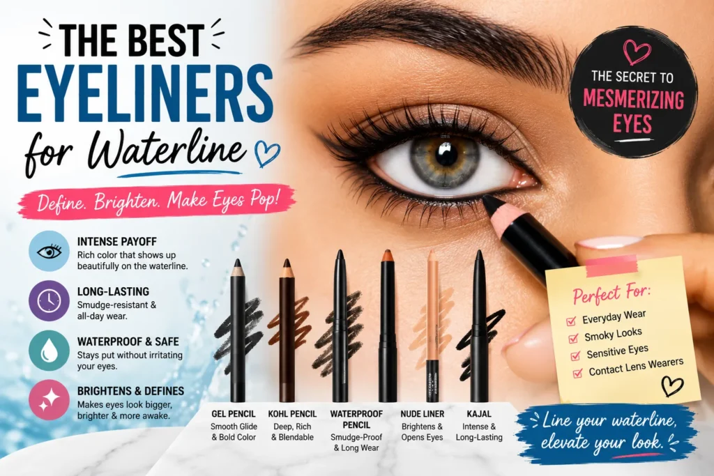 Close-up eye makeup guide featuring top waterline eyeliners, waterproof formulas, and long-lasting wear.