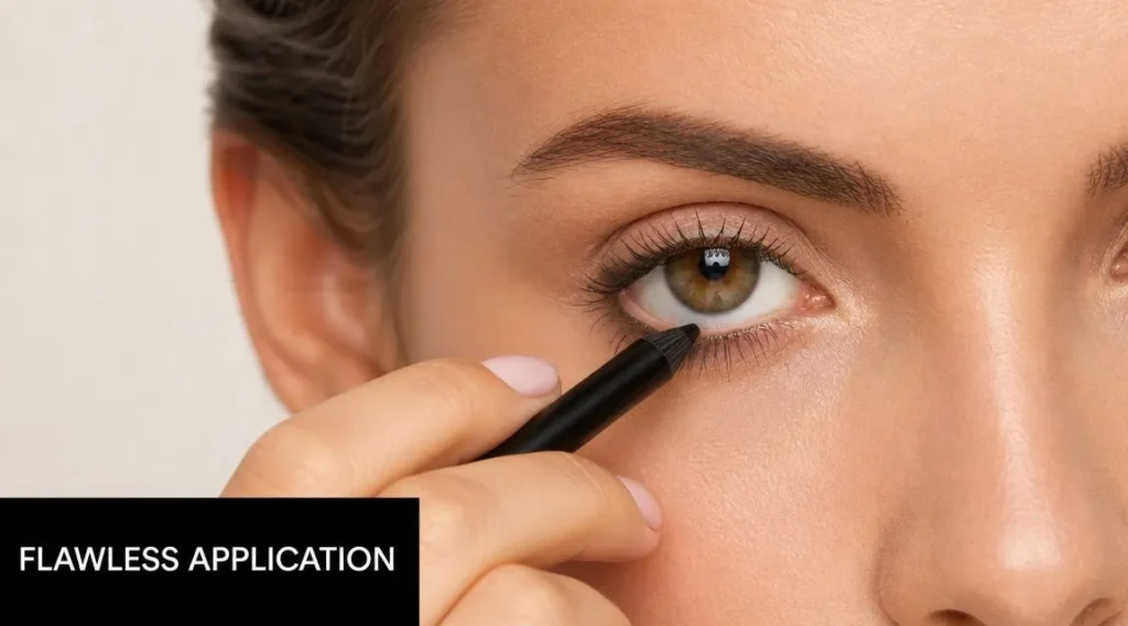 Close-up of a person applying black eyeliner to the lower waterline, highlighting precise and smooth application.