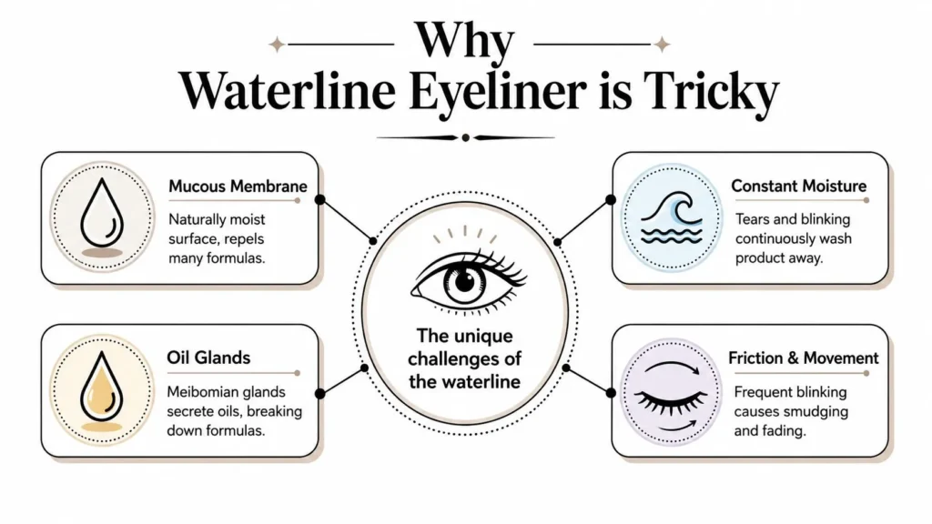 Infographic explaining why waterline eyeliner is difficult to wear due to moisture, oils, blinking, and friction.