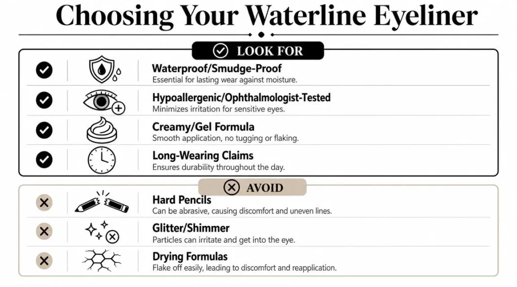 Infographic on choosing waterline eyeliner, highlighting waterproof, hypoallergenic formulas and ingredients to avoid.