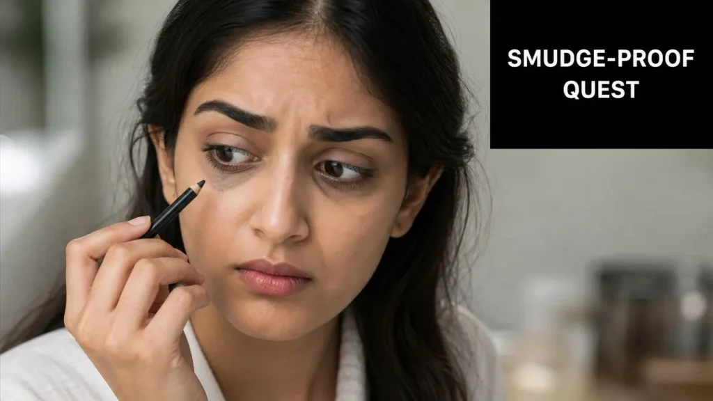 Person applying eyeliner to the waterline while checking for smudging, with “Smudge-Proof Quest” text.