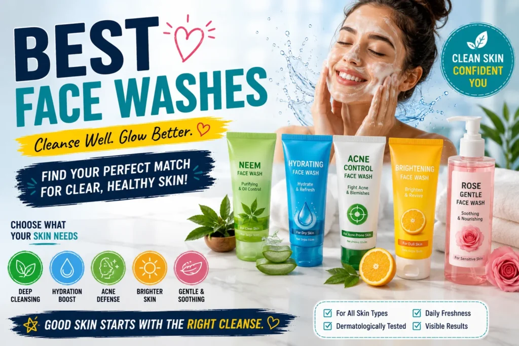 Best Face Washes: A Buyer’s Guide for Every Skin Type Woman washing her face beside colorful skincare products, showcasing the best face washes for healthy glowing skin.