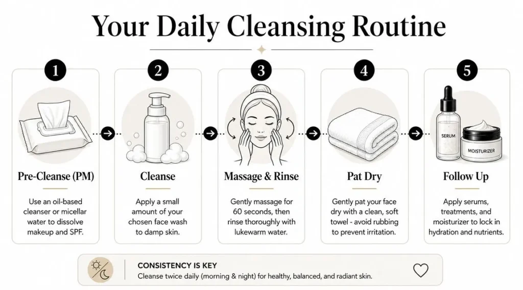 Best Face Washes: A Buyer’s Guide for Every Skin Type Daily facial cleansing routine infographic showing pre-cleanse, cleanse, massage, rinse, pat dry, and moisturize steps.