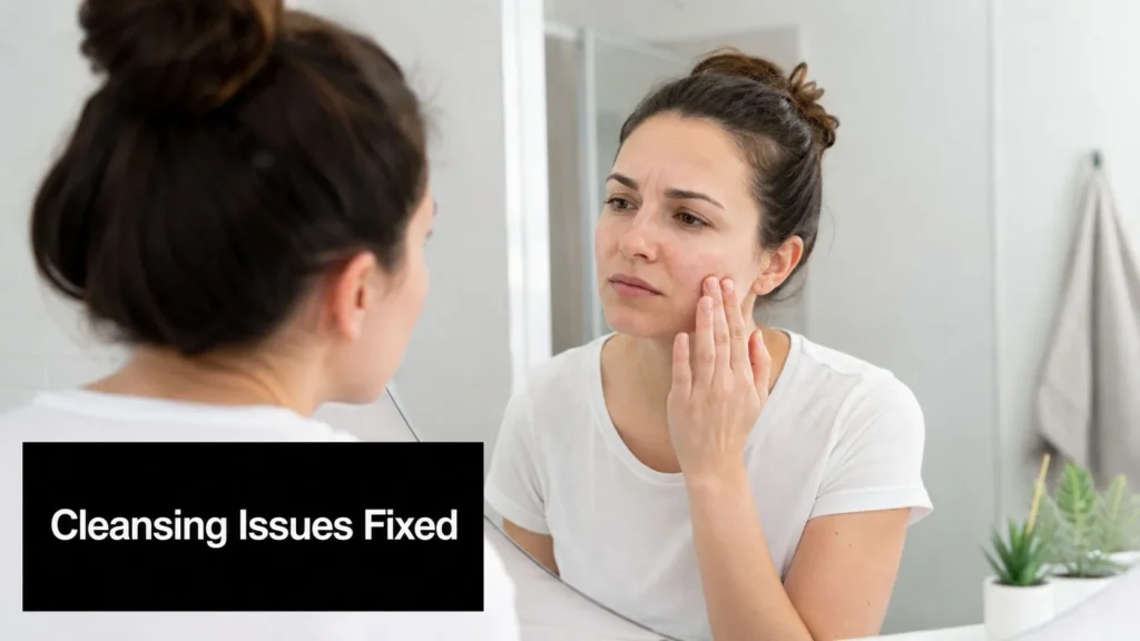 Best Face Washes: A Buyer’s Guide for Every Skin Type Woman examining her skin in a bathroom mirror, highlighting common cleansing issues and skincare concerns.