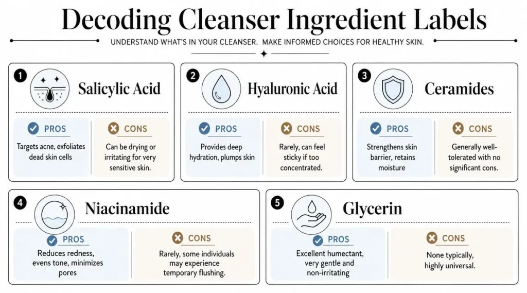 Best Face Washes: A Buyer’s Guide for Every Skin Type Infographic explaining cleanser ingredients: salicylic acid, hyaluronic acid, ceramides, niacinamide, and glycerin.