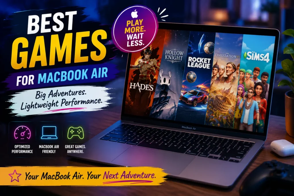 MacBook Air displaying popular games with colorful graphics, gaming icons, and performance-focused gaming guide.