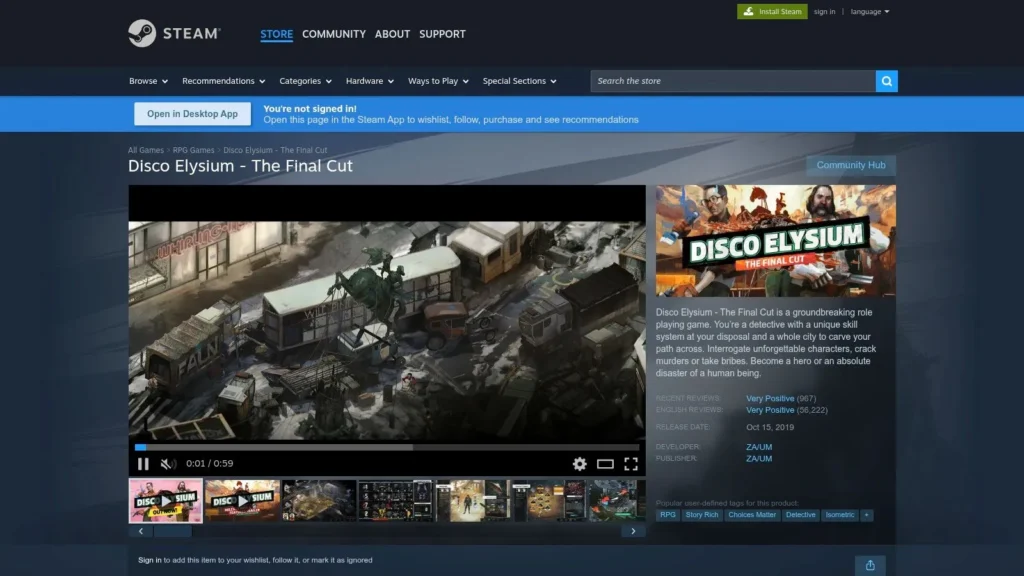 10 Best Games for MacBook Air in 2026 Screenshot of the Disco Elysium Steam store page featuring game details, trailer preview, reviews, and screenshots.