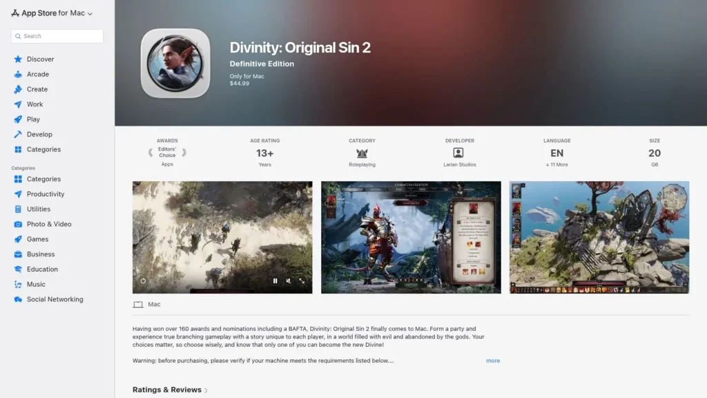 10 Best Games for MacBook Air in 2026 Screenshot of the Divinity: Original Sin 2 Mac App Store page showing game details, ratings, and gameplay previews.
