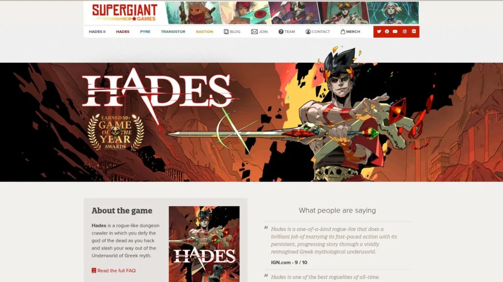 10 Best Games for MacBook Air in 2026 Screenshot of the Hades game webpage featuring stylized artwork, game details, reviews, and navigation menu.