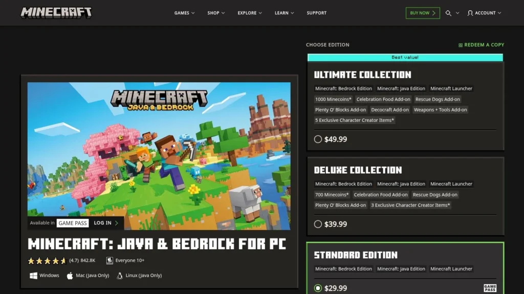 10 Best Games for MacBook Air in 2026 Screenshot of the Minecraft Java & Bedrock store page showing editions, pricing, platform support, and game artwork.