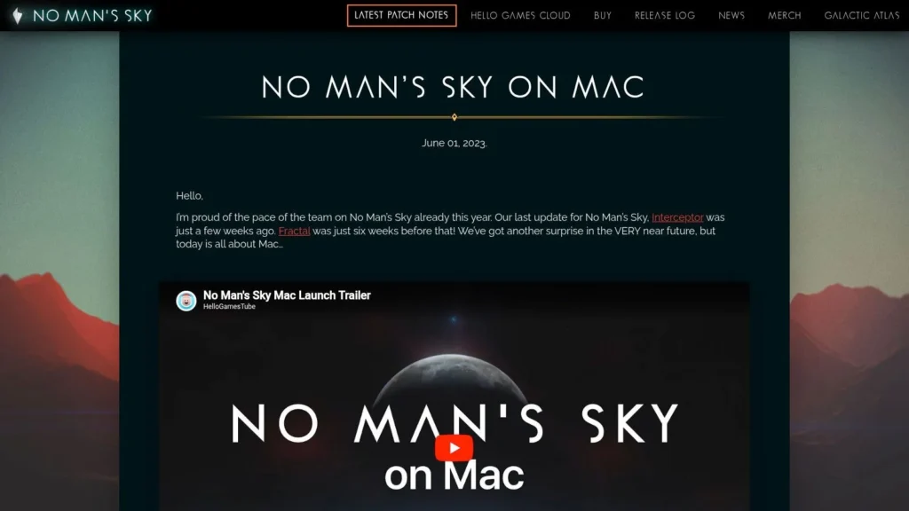 10 Best Games for MacBook Air in 2026 Screenshot of the No Man’s Sky on Mac webpage featuring launch details, update notes, and an embedded trailer.