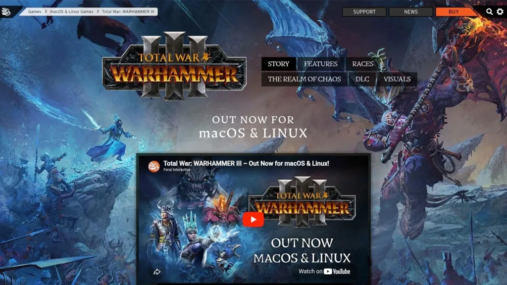 10 Best Games for MacBook Air in 2026 Screenshot of the Total War: Warhammer III webpage featuring fantasy artwork, game details, and a launch trailer.