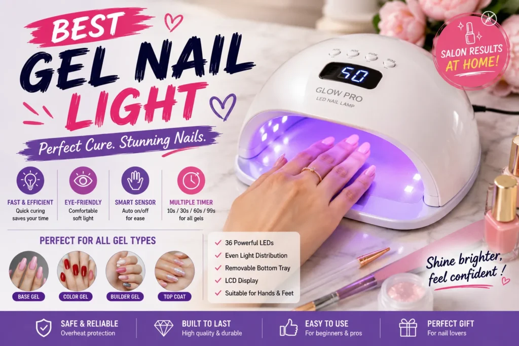 Best Gel Nail Light of 2026: An Expert Buyer's Guide LED gel nail lamp curing polished nails, highlighting fast drying, salon-quality results, and easy home use.