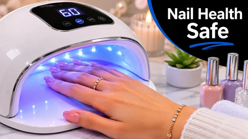 Best Gel Nail Light of 2026: An Expert Buyer's Guide Hand curing gel nails under an LED nail lamp with timer display, surrounded by nail polish bottles and salon tools.