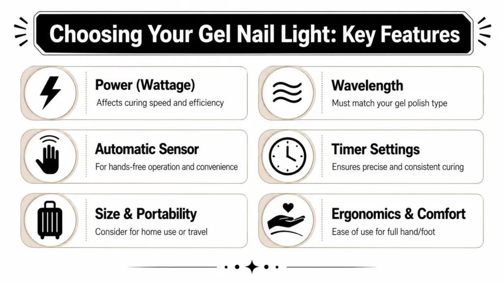 Best Gel Nail Light of 2026: An Expert Buyer's Guide Infographic outlining key gel nail lamp features, including wattage, wavelength, sensors, timers, portability, and comfort.