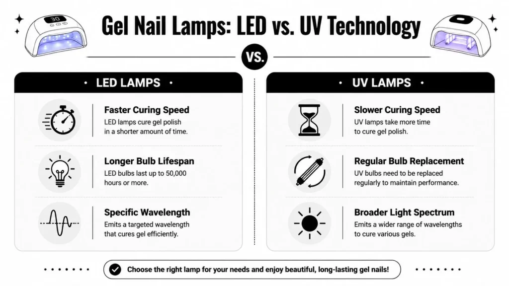 Best Gel Nail Light of 2026: An Expert Buyer's Guide Infographic comparing LED and UV gel nail lamps, highlighting curing speed, bulb lifespan, and light spectrum differences.