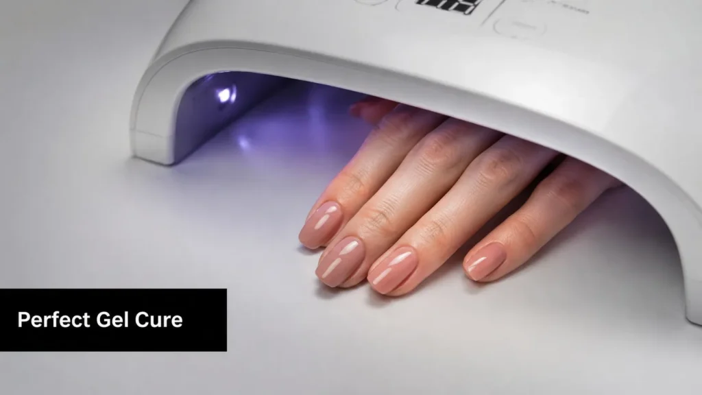 Best Gel Nail Light of 2026: An Expert Buyer's Guide Hand with glossy nude gel nails curing under an LED nail lamp, highlighting smooth finish and even gel polish coverage.