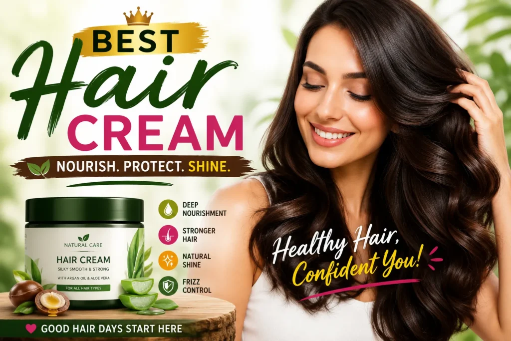 Best Hair Cream: Top Picks for Every Hair Type Best Hair Cream cover featuring a woman with shiny healthy hair and a nourishing hair care product jar.
