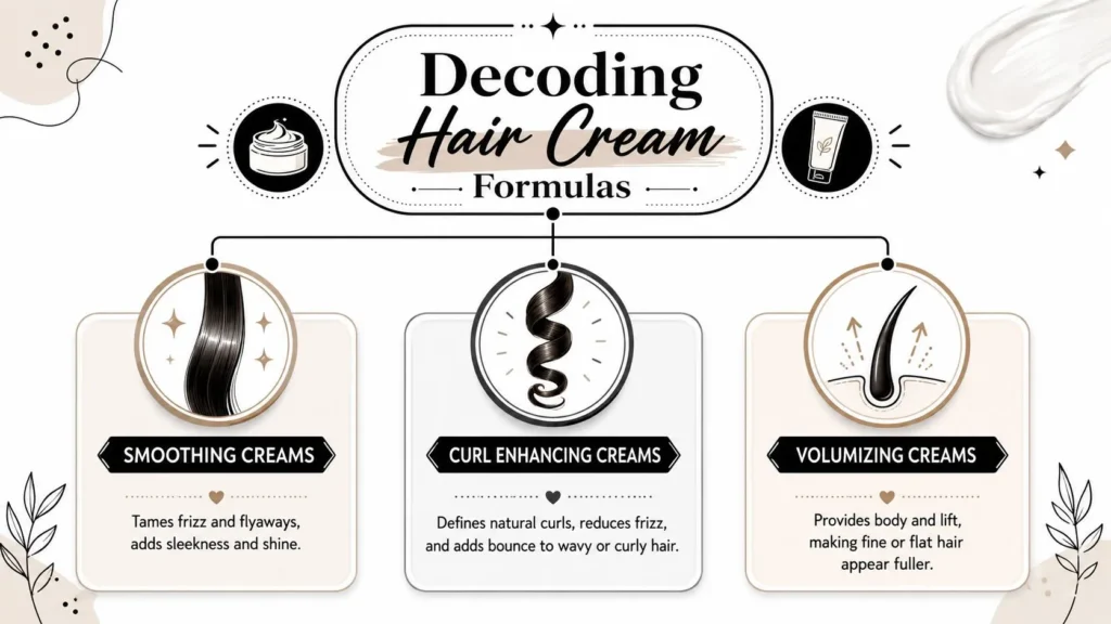 Best Hair Cream: Top Picks for Every Hair Type Hair cream infographic comparing smoothing, curl-enhancing, and volumizing formulas with key benefits for different hair types.