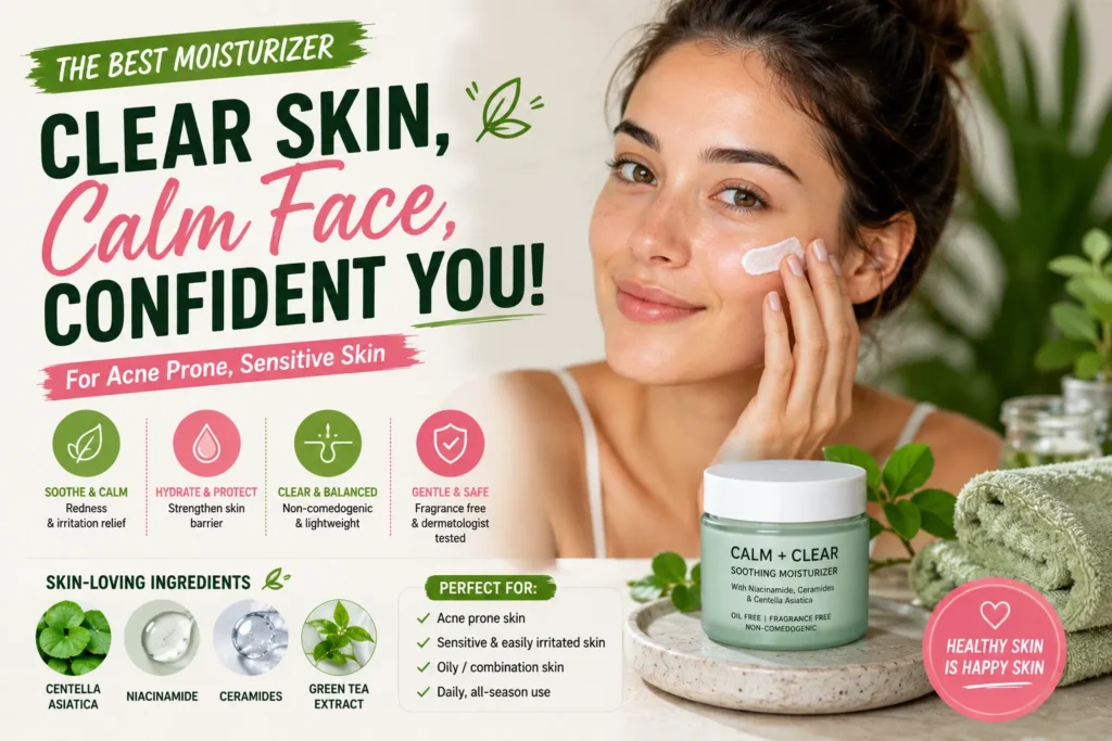 Woman applying moisturizer for acne-prone sensitive skin, featuring soothing ingredients and gentle skincare benefits.
