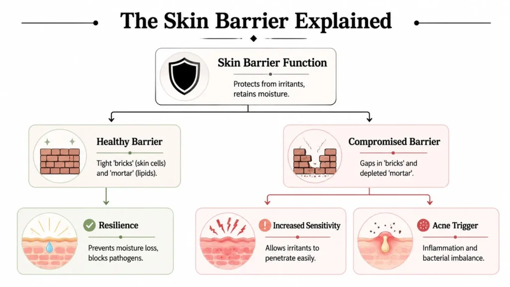 Infographic explaining the skin barrier, comparing healthy and compromised barriers and their effects on sensitivity and acne.