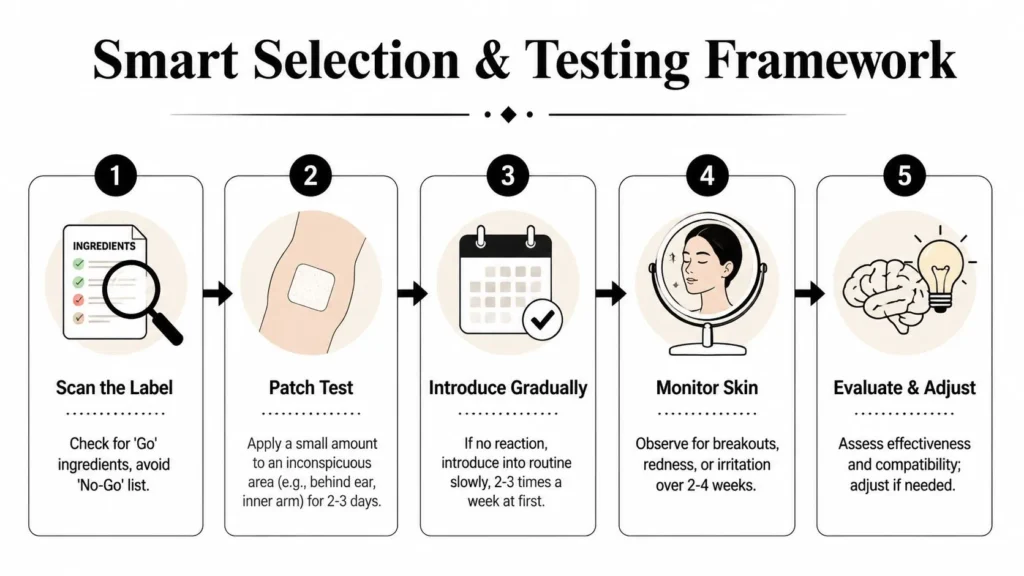 Infographic showing a five-step skincare product selection process: ingredient check, patch test, gradual use, monitoring, and evaluation.