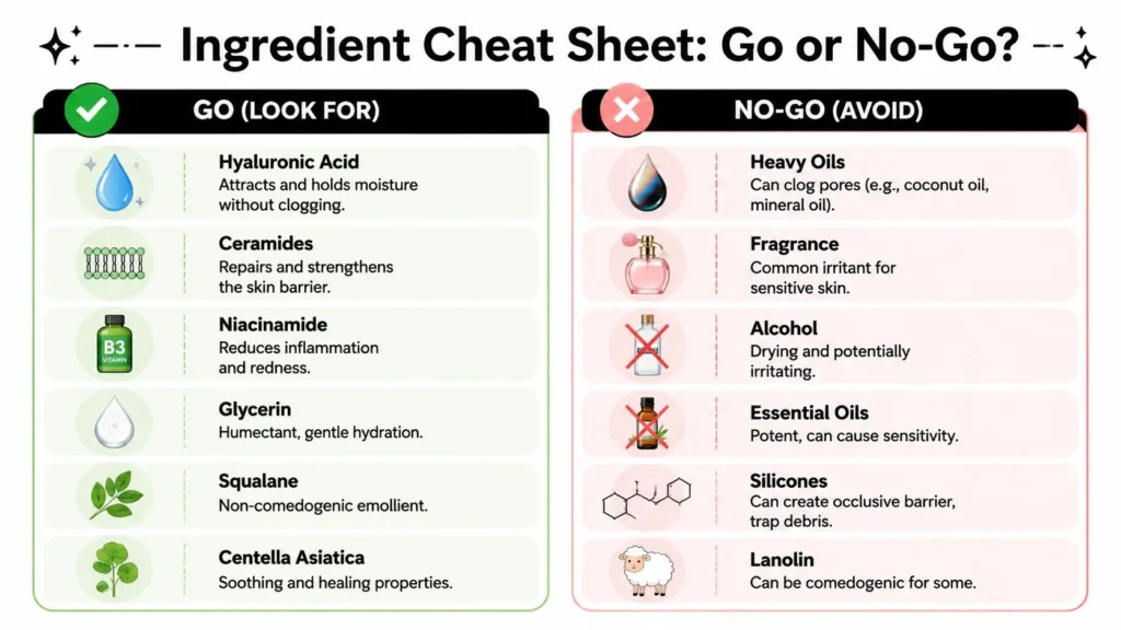Infographic ingredient guide for acne-prone sensitive skin, highlighting beneficial and potentially irritating skincare ingredients.