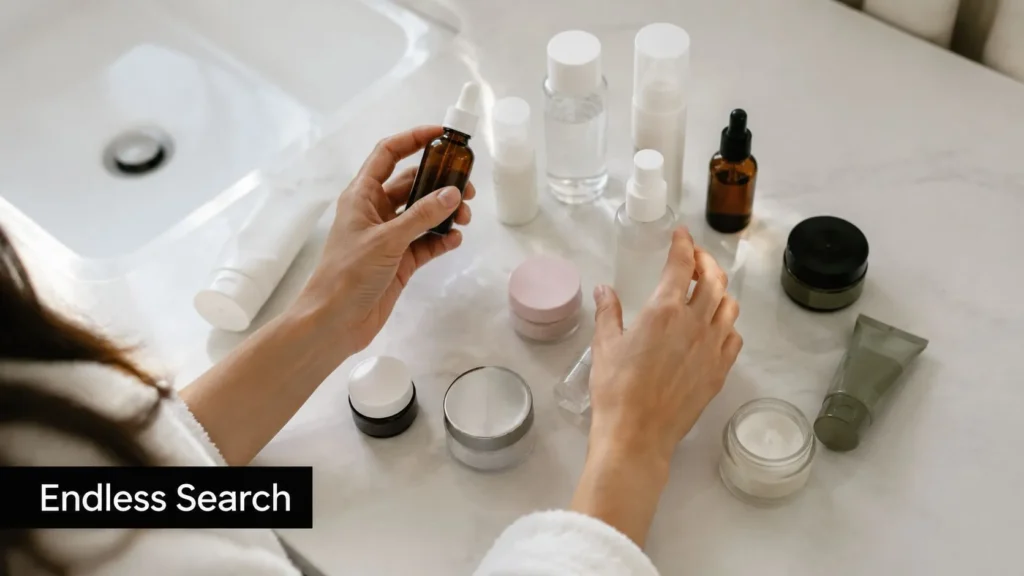 Person comparing skincare products and serums on a bathroom counter, illustrating the search for sensitive skin moisturizer.