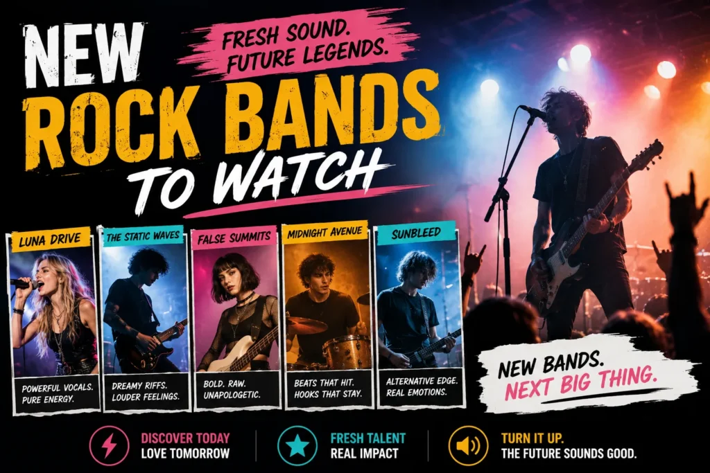 10 Best New Rock Bands to Watch in 2026 Rock band performing live on stage with colorful lights, showcasing rising artists and the next generation of rock music.