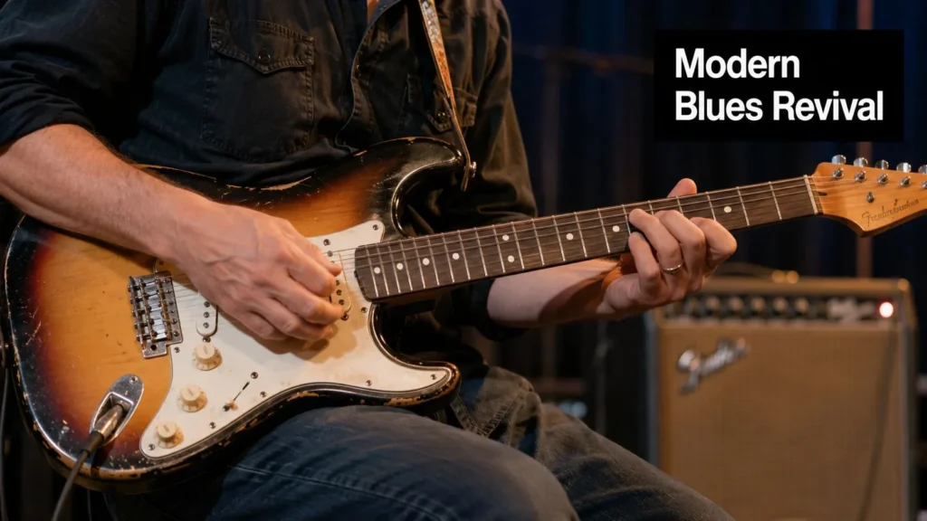 Musician playing a vintage electric guitar on stage, highlighting the modern blues revival music scene.
