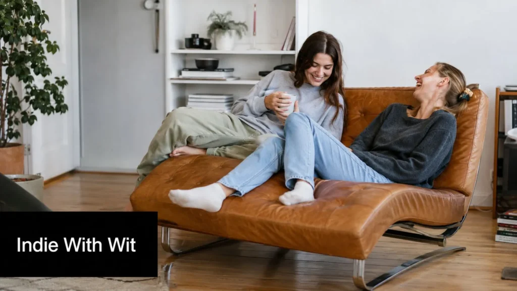 Two friends relaxing on a lounge chair at home, laughing together and showcasing an indie, witty lifestyle vibe.