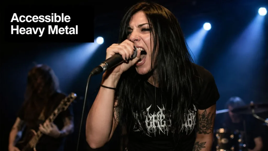Heavy metal vocalist performing passionately on stage with microphone, band members and concert lights in background.