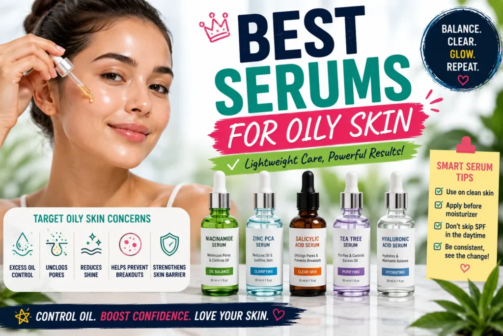 Best Serums for Oily Skin: A Science-Backed Guide Woman applying facial serum beside skincare bottles, highlighting the best serums for oily skin and shine control.
